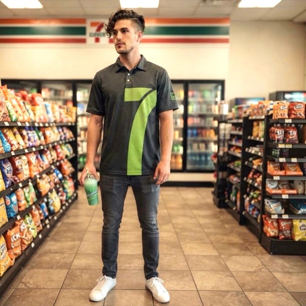 7-Eleven Apparel Polo Shirt Mens Large Gray Green Logo Corporate Americana Y2K